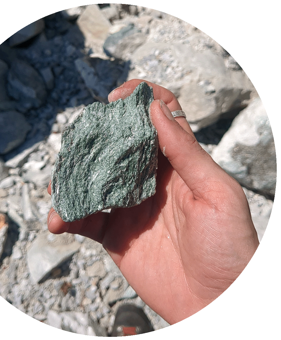 A hand sample of greenwall (talc & tremolite).